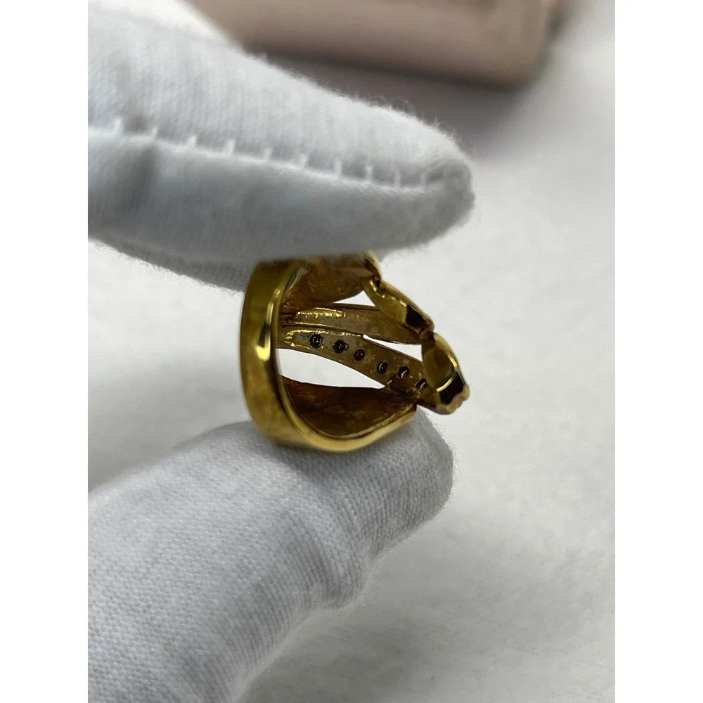 Vintage Gold Tone Sculptural Bypass Statement Ring Crystal Accents Size 4.5